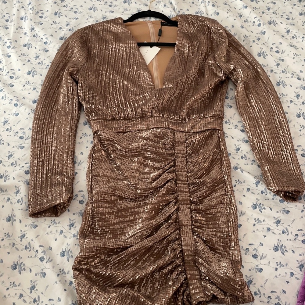 Iridescent sequin mini dress in gold. Never worn.